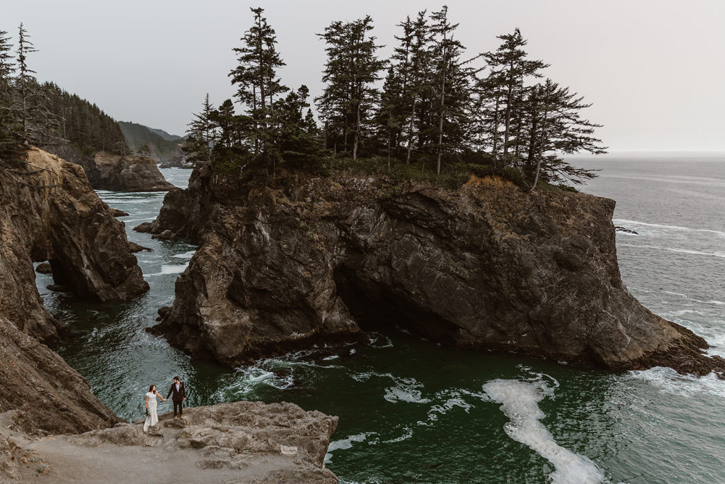 A couple walks together during their Samuel H Boardman State Park Elopement