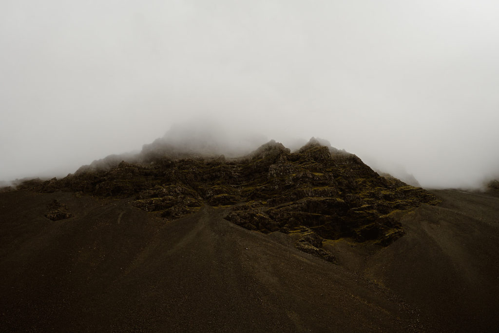 Mountains covered in clouds during an Iceland elopement