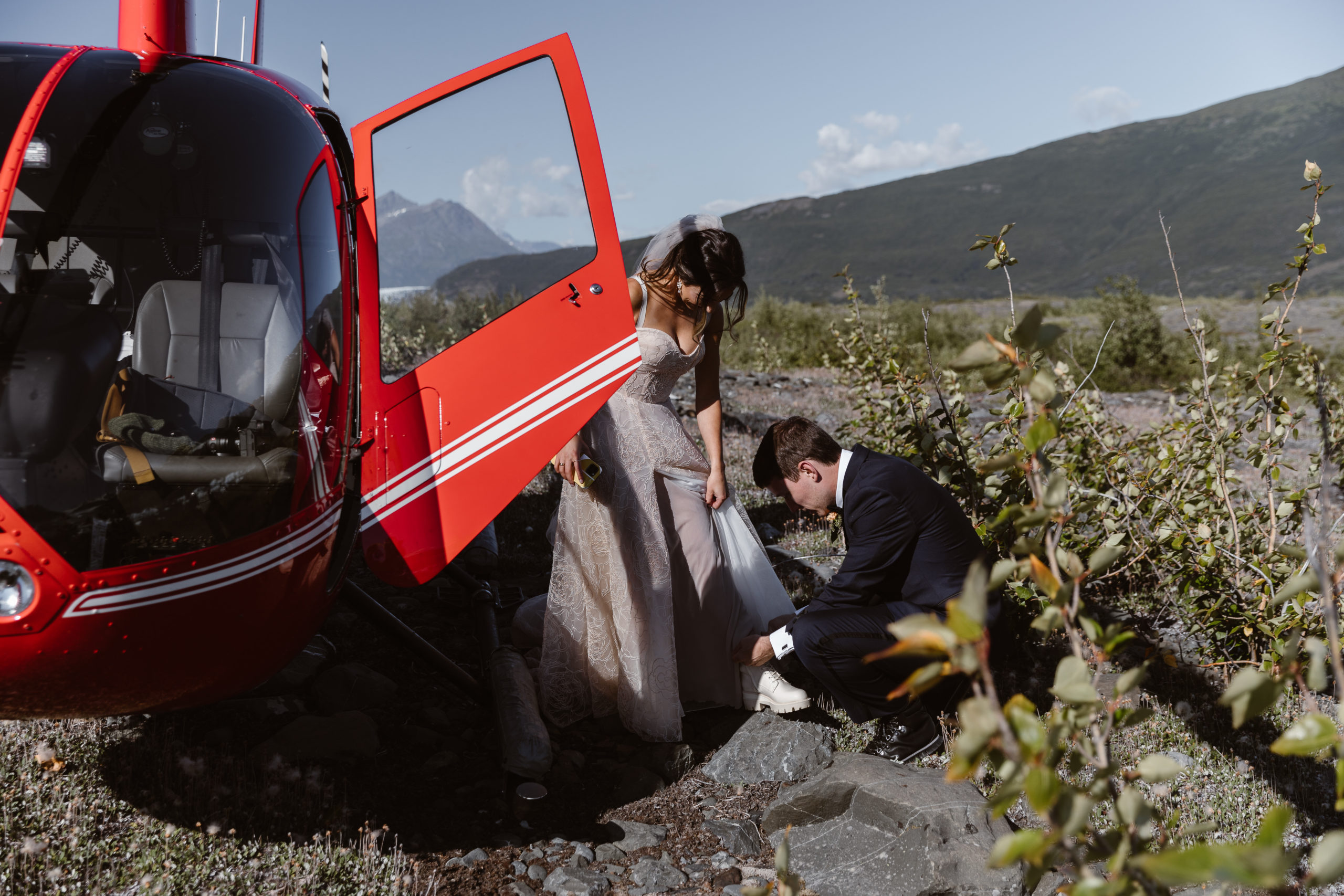 Katherine and Garrett get ready for a hike during their Alaska elopement