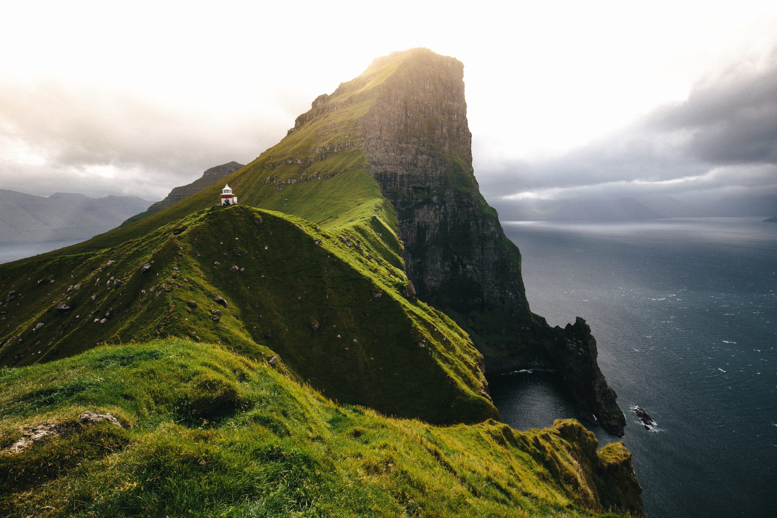 A mountain peak towering above the ocean in the Faroe Islands
