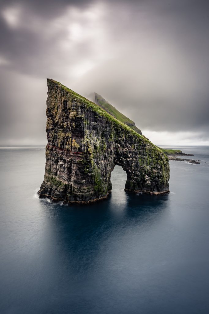 An "N" shaped rock formation off the coast of the Faroe Islands