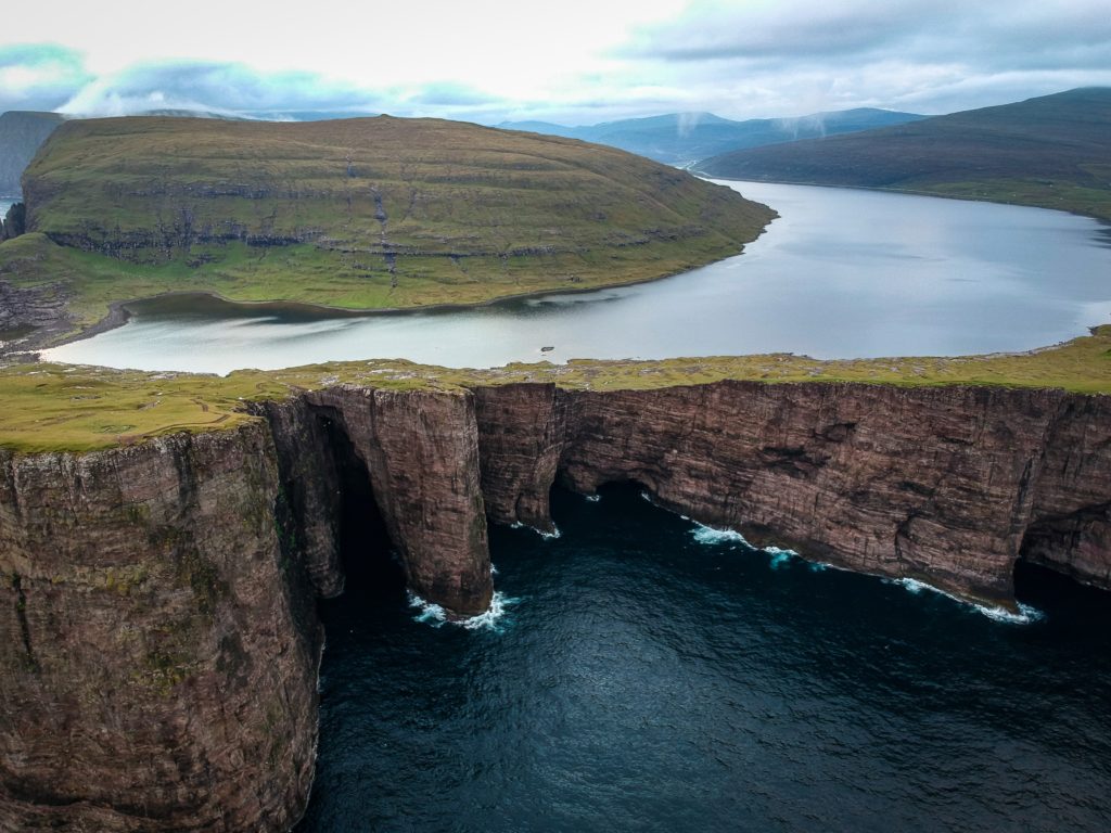 A lake above a plateau on the Faroe Islands