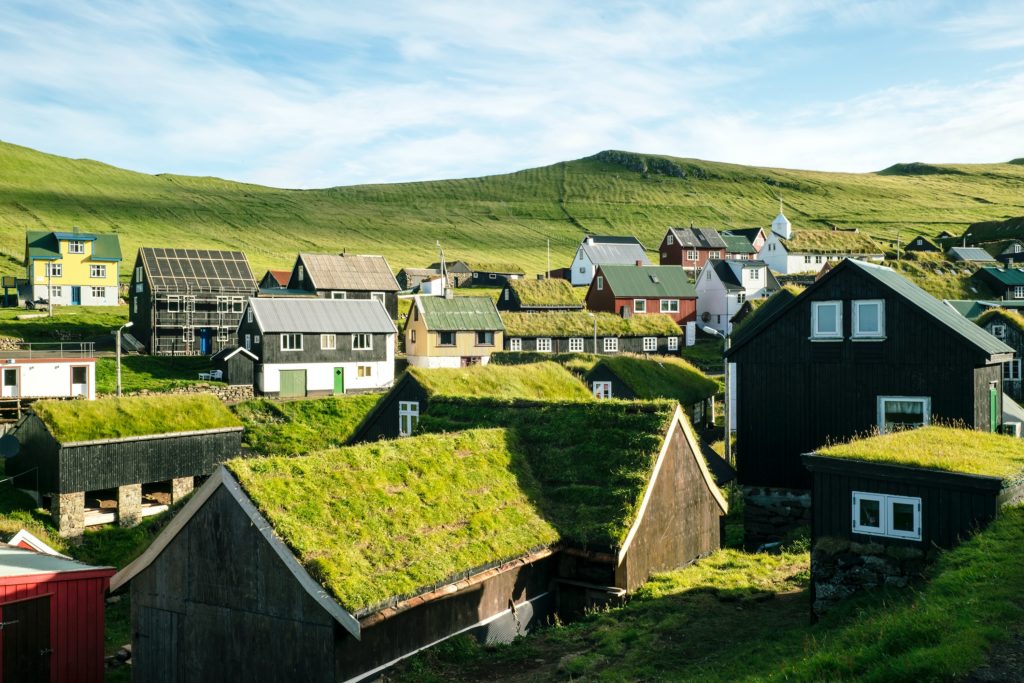 A small village in a green field with moss-covered homes in the Faroe Islands
